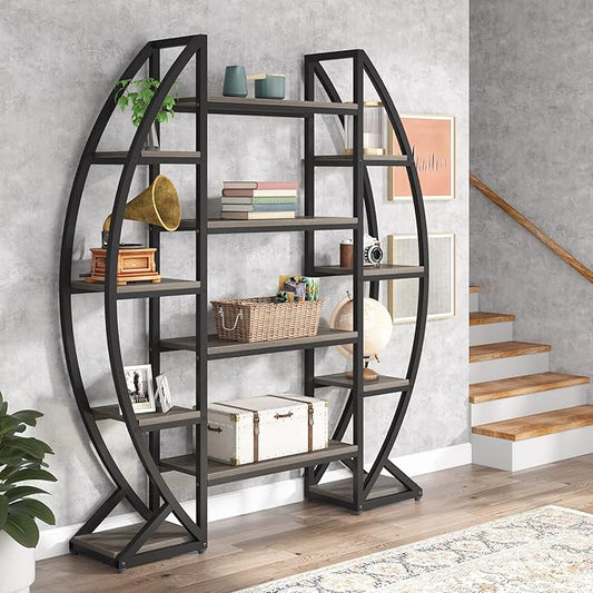 Tribesigns Oval Bookshelf, Triple Wide 5 Tier Etagere Bookcases, Industrial Display Shelves for Living Room (Gray, 55")