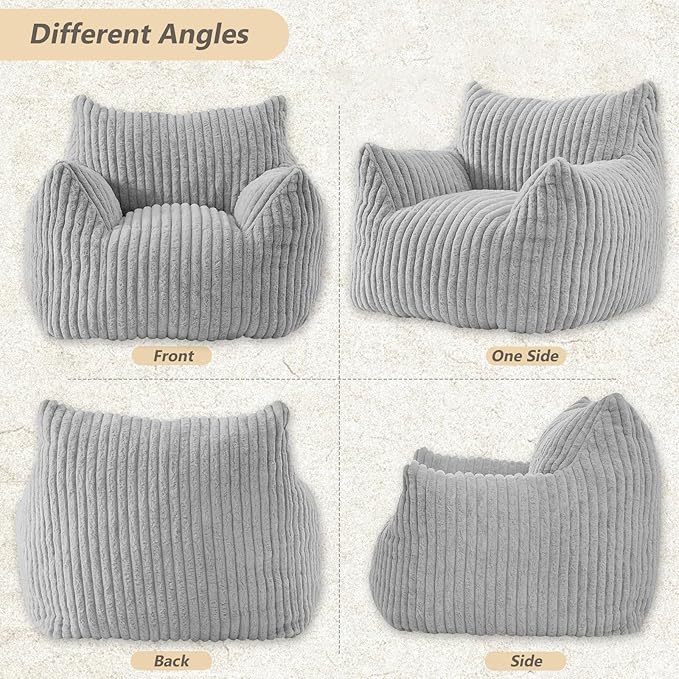 Giant Bean Bag Chairs for Adults Teens, Large Bean Bag Sofa Chairs with Filling Comfy Fuzzy BeanBag Chair with Armrests for Bedroom Living Room Reading (Light Gray, Large)