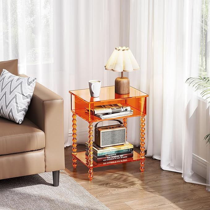 Acrylic Side Table, Clear 3-Tier End Table with Storage, Nightstand for Living Room, Bedroom, Office (Orange, 11.8 ×15.7 × 19.7)
