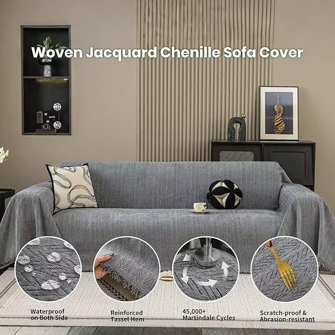 Nobildonna Sofa Chair Cover Waterproof Soft Thicken Chenille Cushion Couch Cover with Tassels,Washable Sofa Slipcovers for Armchair Recliner Sectional Furniture Protector, Dark Gray 71"x71"