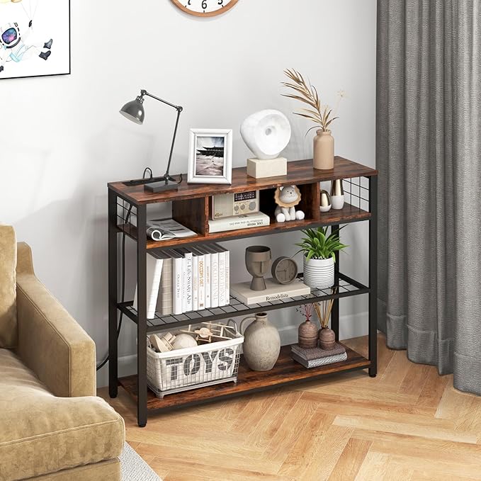 Console Tables with Charging Station, 4 Tier Narrow Sofa Tables with Storage Shelves, Entryway Tables with Outlet and USB Ports, Behind Couch Table for Living Room Hallway, Rustic Brown