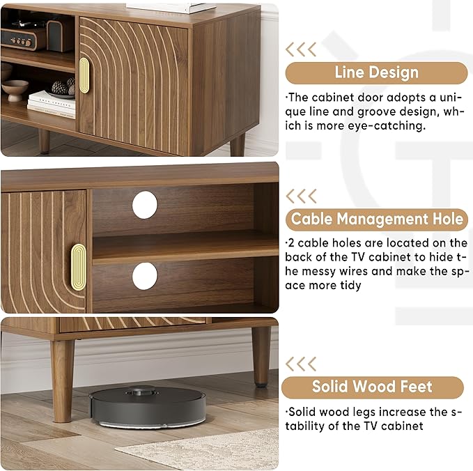 Smuxee Walnut TV Stand with Line Groove Design, 47.2" Mid Century Modern TV Media Console for TVs up to 55", TV Cabinet with Adjustable Shelf & 2 Cabinets for Living Room