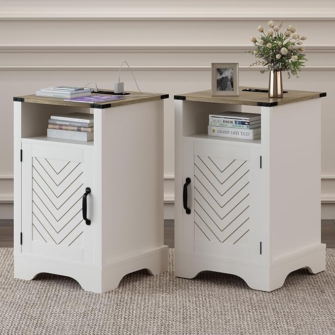 RoyalCraft Set of 1 Farmhouse Nightstand, White End Table with Charging Station, Tall Bedside Table with Large Storage Room and Shelf, Wooden Rustic Nightstand for Bedroom, Home Office