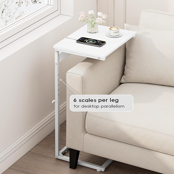 Vagusicc C Shaped End Table with Charging Station, Adjustable Height Side Table for Couch, Small End Table Small Spaces, 33.2'' Tall Couch Tables that Slide Under, Tv Tray Table for Living Room, White
