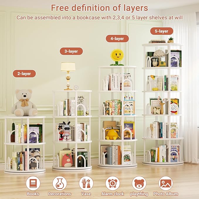Aheaplus 5 Tier Rotating Bookshelf Tower, 360 Display Spinning Bookcase, Revolving Round Book Shelf Narrow Swivel Bookshelf, Vertical Turning Spiral Corner Book Organizer for Small Space, White