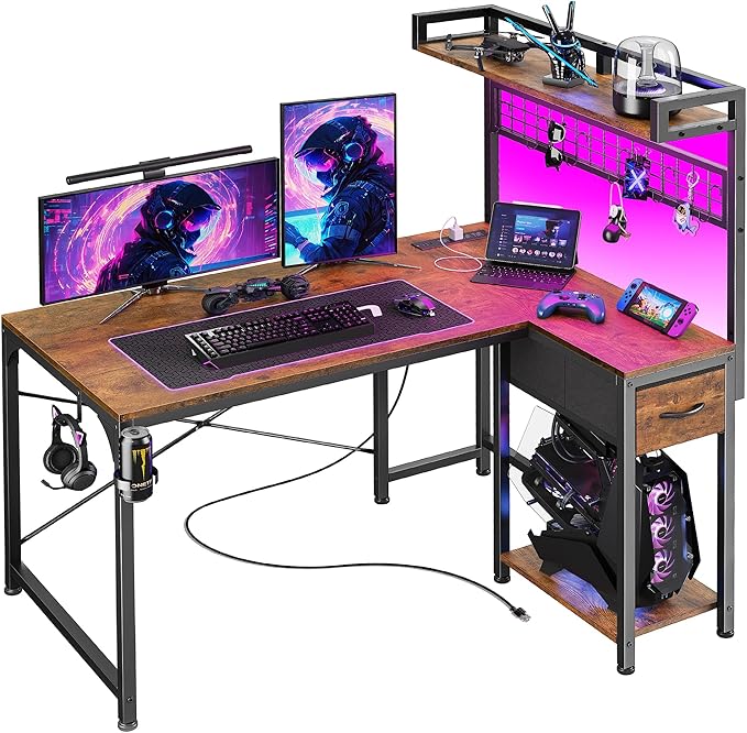 PRAISUN L Shaped Gaming Desk with Shelves, Corner Computer Table with LED Lights, Power Outlets and USB-C Ports, 42 Inch Reversible Home Office Desk with Storage Drawer, Work and Study, Rustic Brown