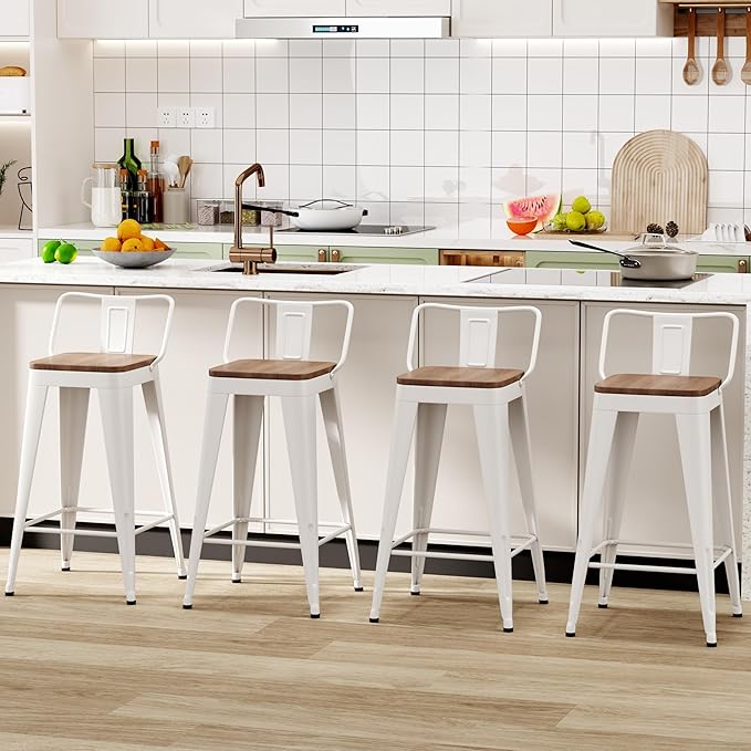 WENTMENT Bar Stools Set of 4 Counter Height Metal Barstools with Removable Back 30" Kitchen Bar Stools with Wooden Seat, White