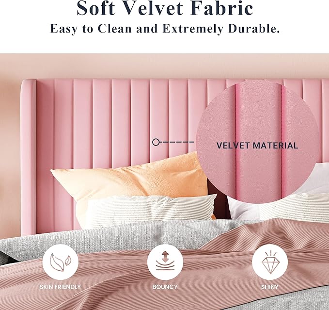 Allewie Queen Size Velvet Bed Frame/Vertical Channel Tufted Wingback Headboard/Upholstered Platform Bed/Strong Wooden Slats/No Box Spring Needed/Easy Assembly/Pink