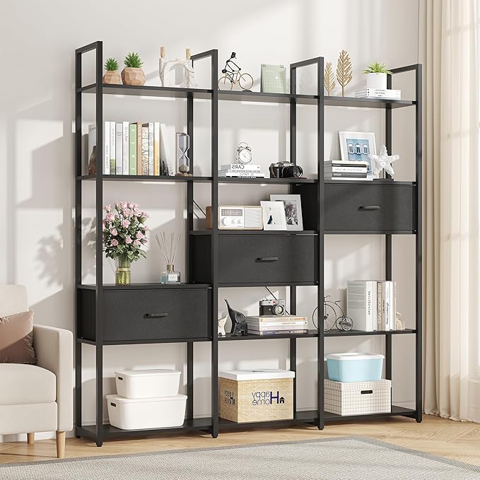 73.6" Tall Bookshelf with 3 Drawers and 16 Storage Shelves, Industrial Bookcase with 16 Open Display Shelves, Large Etagere Bookshelf, Triple Wide Book Shelf Book Case for Home & Office, Black