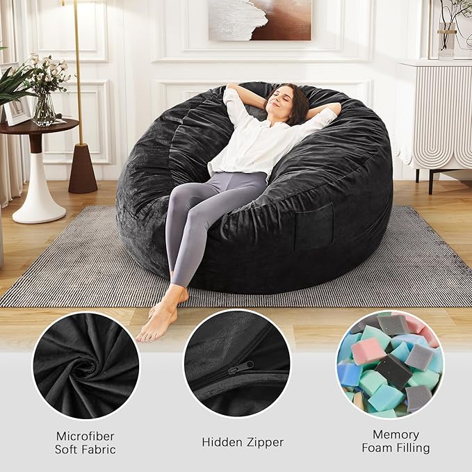 Bean Bag Chairs for Adults - Giant Bean Bag Chair Convertible Bean Bag Bed - Beanbag Chair with Micro Fiber Cover/Furniture Foam Filler - Floor Couch Sofa in Bedroom Dorm Room - Queen Carbon Black
