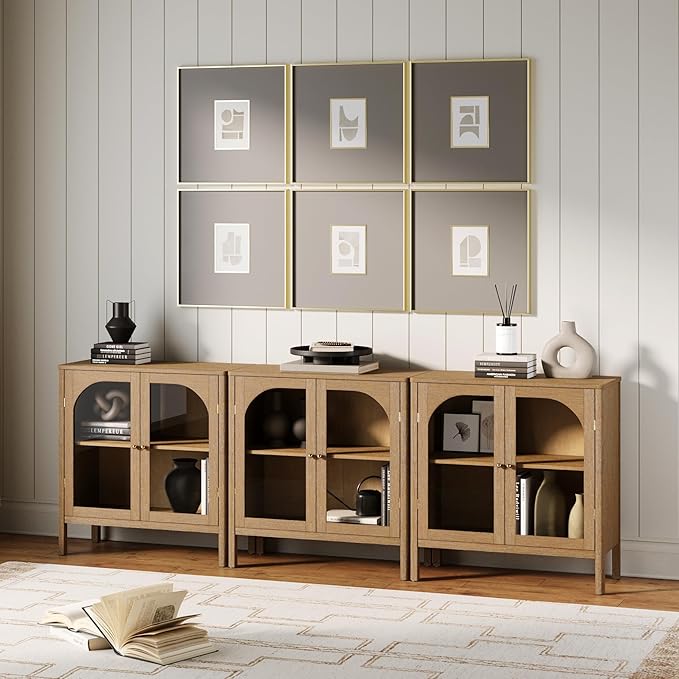 Nathan James Mason TV Stand, Free Standing Accent Sideboard Buffet, Credenza with Glass Doors and Adjustable Shelf in Brushed Light Brown Wood for Dining Room, Entryway and Living Room, Set of 3
