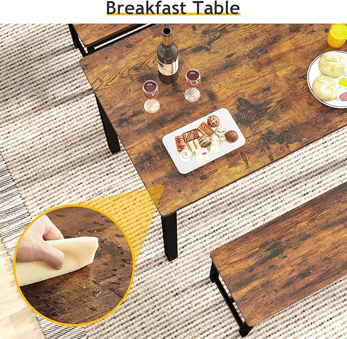 Rovibek Dining Room Table Chairs Set for 4, Modern Space Saving Kitchen Table with 2 Benches & Adjustable Feet Breakfast Table, Wooden Industrial Style Farmhouse, 43", Brown