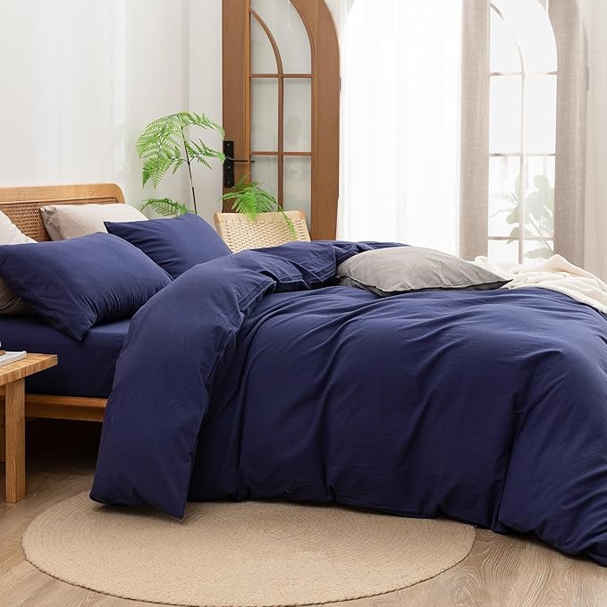 BESTOUCH Duvet Cover Set 100% Washed Cotton Linen Feel Super Soft Comfortable Chic Lightweight 3 PCs Home Bedding Set Solid Navy Blue Super King