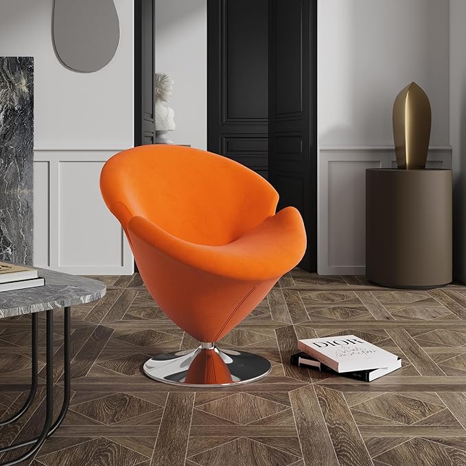 Manhattan Comfort Tulip Swivel Accent Chair Set of 2 with 360° Turn, Modern Flower Inspired Design, Soft Velvet Upholstery, Polished Chrome Base, No Assembly Required, 300 Lbs Capacity, Orange