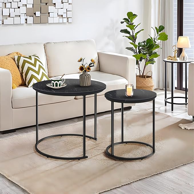 Black Marble Nesting Coffee Table for Small Place 24 in 2 Sets High Side End Sofa Table Nightstand Modern Furniture Living Room Cabin Bed Room Dining RoomGarden 4 You (Black Marble)