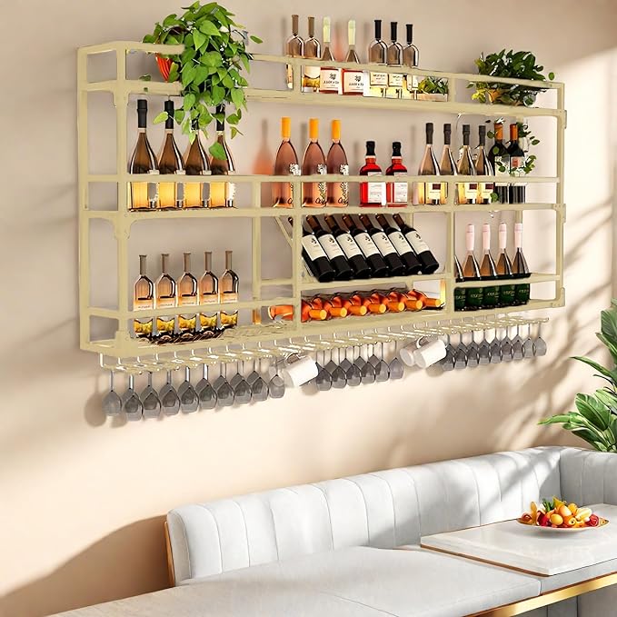 Metal Wall-Mounted Wine Rack with LED Light - 3 Tier Wine Storage Display Rack with Glass Holder - Space-Saving Bottle Display Shelf for Home Bars, Dining Rooms(Gold, 31in/80cm)