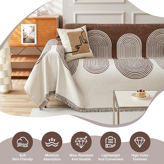 STACYPIK Soft Boho Chenille Couch Cover for Pets Beige Khaki Sofa Cover for 3 Cushion Couch Non Slip Furniture Protector with Tassels Geometric Couch Cover L Shaped Pet Friendly Washable-71x150IN