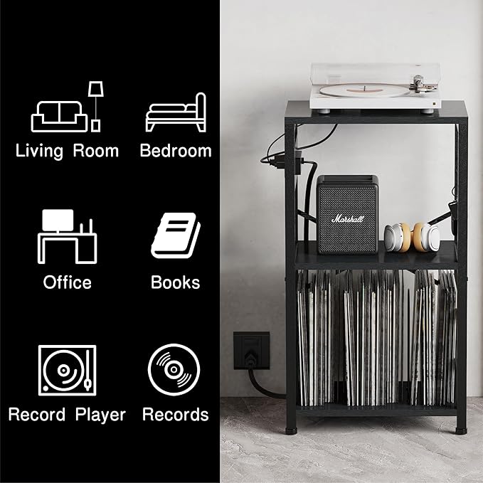 End Table with LED Light,Record Player Stand with Charging Station,Vinyl Records Storage,Turntable Stand Albums Storage for Music Room Studio-Industry Black