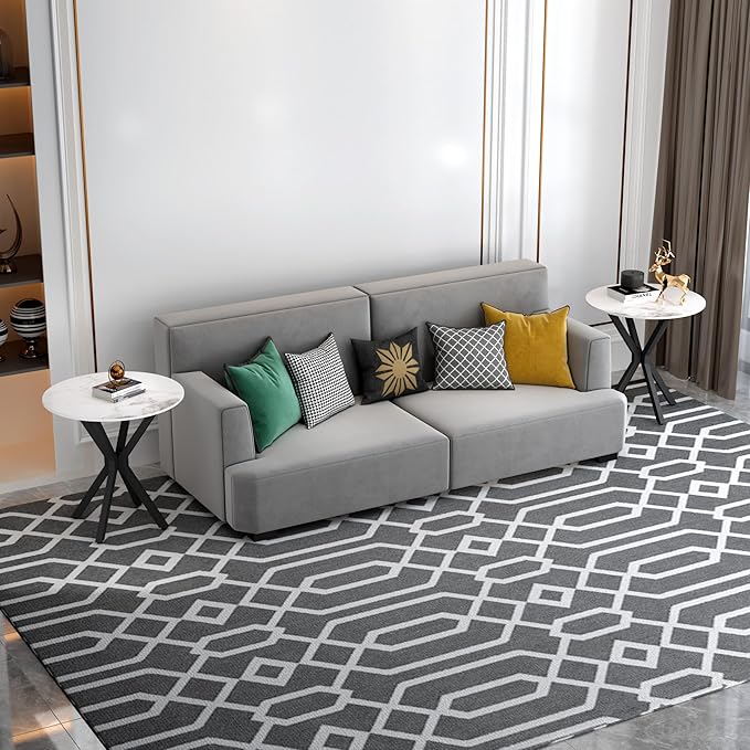 Round Side Table Set of 2, Modern Stylish End Tables with Faux Marble Top and Black Metal Legs,Durable Sofa Side Tables for Living Room Bedroom