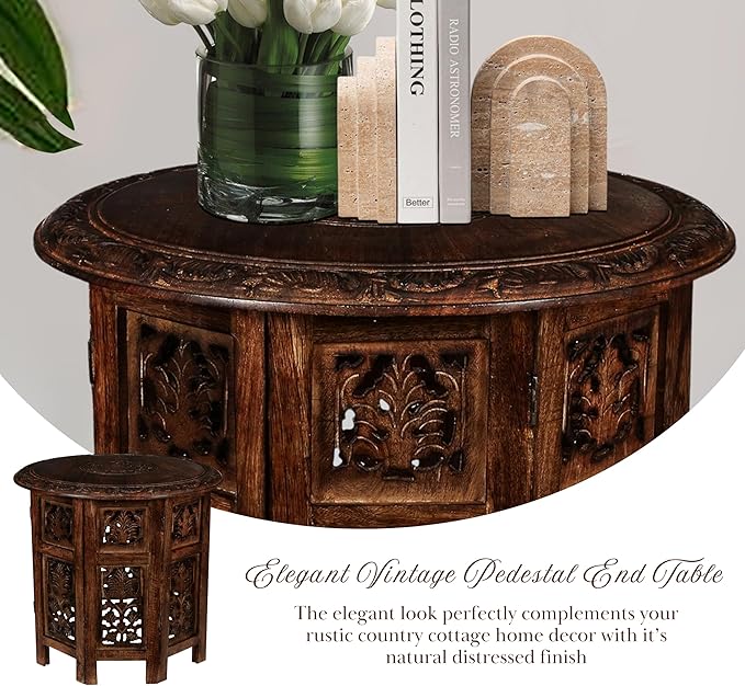 Round Wood Coffee Table - 18” Carved Small Accent Side Table with Burnt Finish, Wooden Altar Table, 18” Round Top x 18” Height, Perfect End Table for Living Room Décor