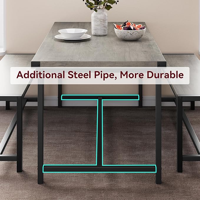 Dining Table Set for 4 with 2 Benches, 3-Piece Kitchen Table Set, Space-Saving Dining Set for Kitchen, Dining Room, Gray