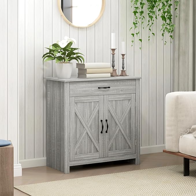 HOMCOM Farmhouse Sideboard Buffet Cabinet, Barn Door Coffee Bar Cabinet with Drawer and Adjustable Shelf, for Living Room, Entryway, Stone Gray