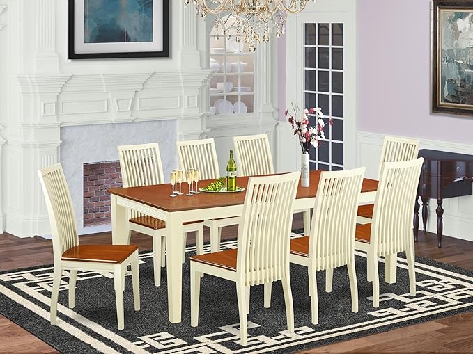East West Furniture QUIP9-BMK-W 9 Piece Dining Room Table Set Includes a Rectangle Kitchen Table with Butterfly Leaf and 8 Dining Chairs, 40x78 Inch, Buttermilk & Cherry