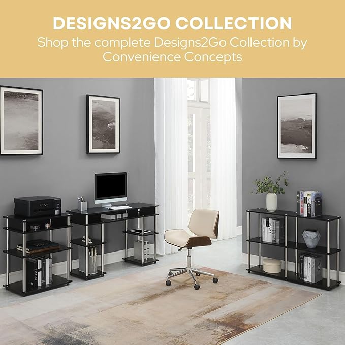 Convenience Concepts Designs2Go No Tools 3 Tier Wide Console Table 42" - Modern Multipurpose Accent with Shelves for TV Media Center, Office Desk Extension, Entryway Display, & Home Storage, Black