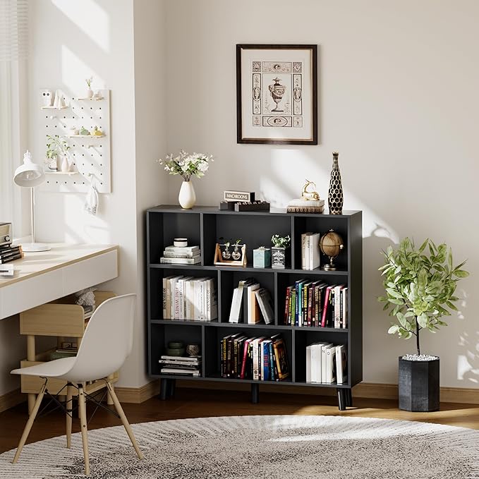 YESHOMY 9 Black Cube Bookcase, Open Frame 3-Tier Book Shelf, Bookshelf Storage Organizer with Feet & Anti-Tilt Device for Organization, Room Decor