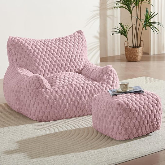 Bean Bag Chair with Ottoman - Modern Comfy Beanbag Sofa with Footrest, Soft Faux Fur Lounger Chair for Adults Teens, Cozy Memory Foam Filled Gaming Reading Chairs for Bedroom, Living Room (Dusty Pink)