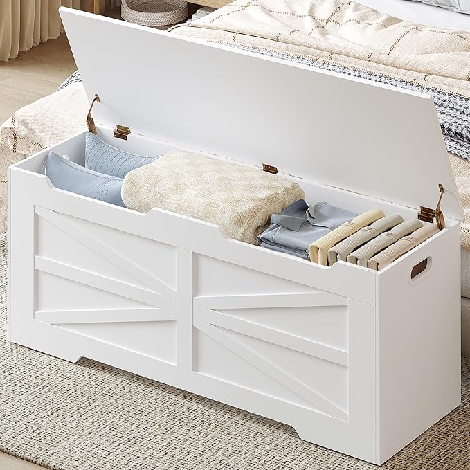 47.2" Storage Chest, Extra Large Storage Trunk with 2 Safety Hinges, Wooden Box Bench, Lift-Top Organizer Chest, Shoe Bench for Entryway, Bedroom, Living Room, White SB13403X