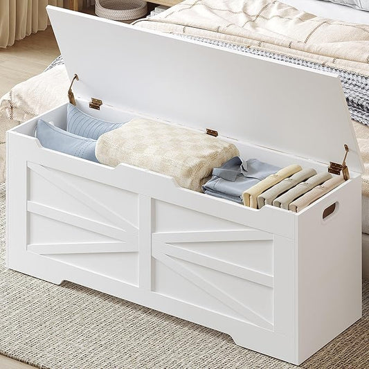 47.2" Storage Chest, Extra Large Storage Trunk with 2 Safety Hinges, Wooden Box Bench, Lift-Top Organizer Chest, Shoe Bench for Entryway, Bedroom, Living Room, White SB13403X