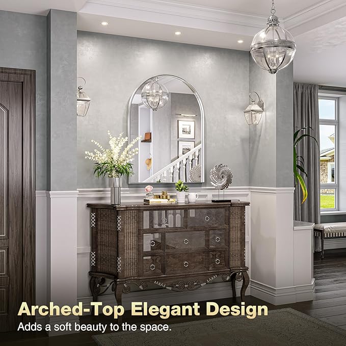 Brightify Arched Wall Mirror - 22 x 30 Inch Metal Frame Silver Arch Top Vanity Mirror for Bathroom, Living Room, Bedroom Mantel Entryway Hallways