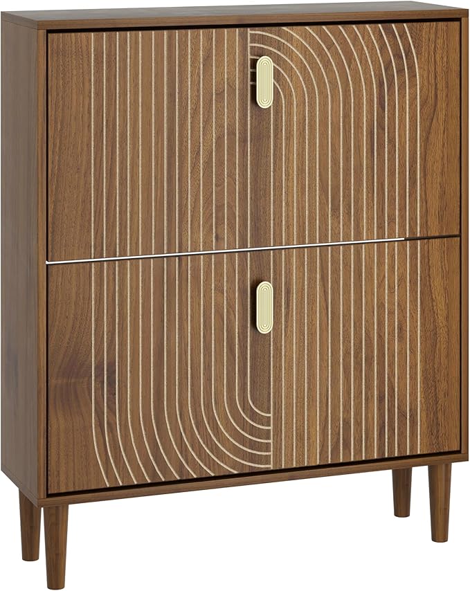 Smuxee Shoe Cabinet with 2 Flip Drawers, 31.5" Walnut Hidden Shoe Storage Cabinet with Line Groove Design, Freestanding Shoe Organizer Cabinet for Entryway, Hallway, Living Room