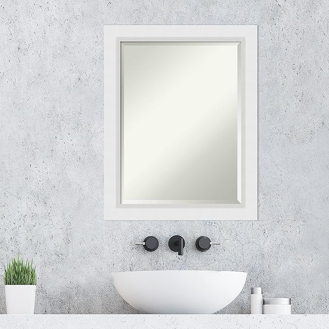 Amanti Art White Bathroom Mirror for Over Sink, 28x22 Blanco White Rectangle Vanity Mirror, Medium Modern Contemporary Wood Frame, Hangs Horizonally and Vertically, Bathroom Wall Decor, Beveled Edge