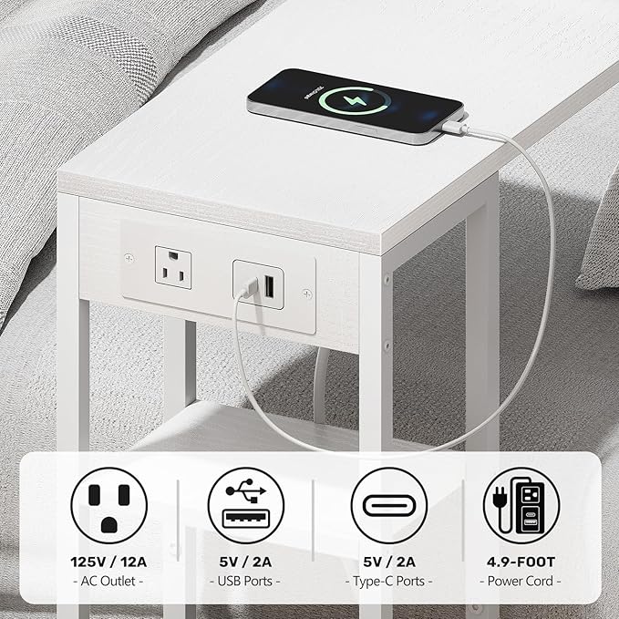 C Shaped End Table with Charging Station, Small Side Table for Couch Recliner, Slide Under Sofa Desk Snack Tables with Storage Bag & AC / USB Outlet, Small Spaces Drink Tables for Living Room, Bedroom