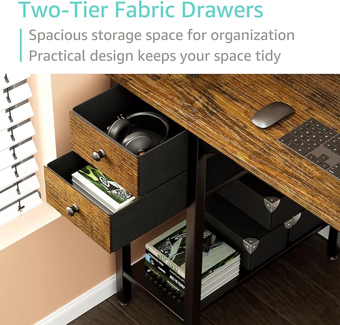 Lufeiya Computer Desk with Drawers - 40 Inch Work Reversible Small Desk for Bedroom Home Office, Simple Study Writing Table PC Desks with Drawer Storage Shelves, Rustic Brown