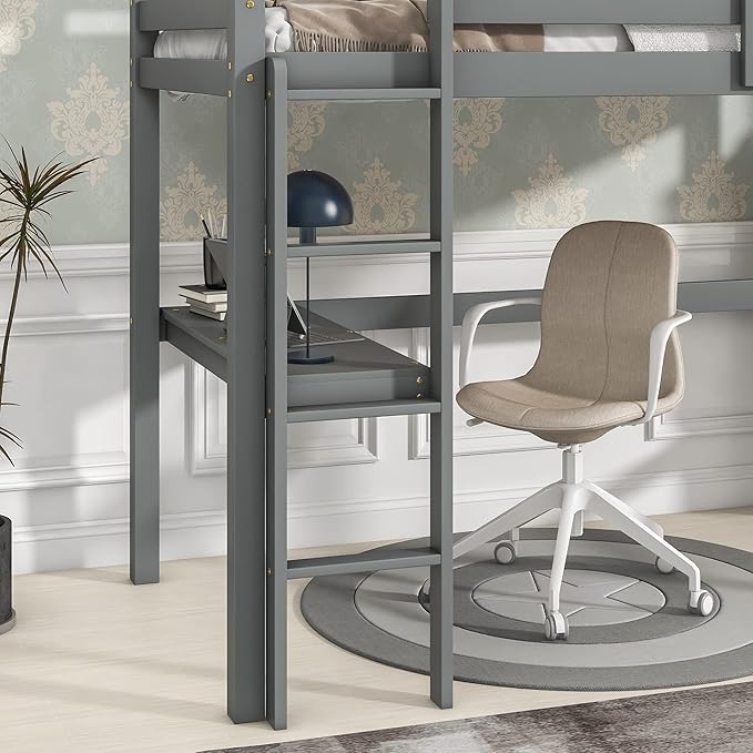 HomSof Twin Loft Bed with Built-in Desk,Grey