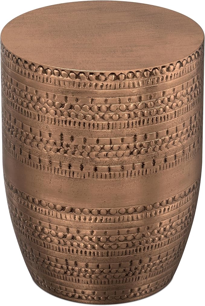 SIMPLIHOME Johnsen Metal Table - 15 inch Wide Solid Iron Drum Accent Table in Antique Copper with Tribal Pattern, Round Boho End Table for Living Room, Bedroom, or Home Office, Fully Assembled