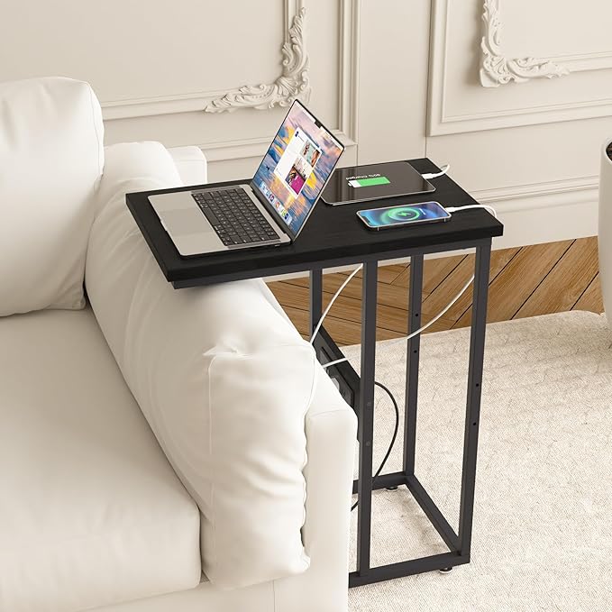 VECELO C Shaped End Side Table with Charging Station & Power Outlets for Couch Sofa/Bed, Snack TV Tray with Metal Frame for Living Room Bedroom 2 Set, Black