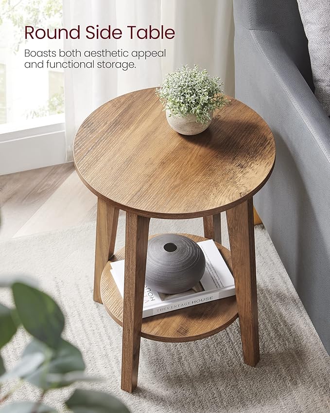 VASAGLE Side Tables, Set of 2, Small Round End Table with Lower Shelf, Nightstand for Small Spaces, Living Room, Bedroom, Rustic Walnut ULET289K01