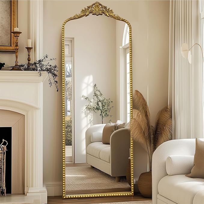 G-LEAF Vintage Baroque Full Length Floor Mirror 22"X65", Victorian Antique Mirror with Brush Gold Ornate Metal Frame for Fireplace Entryway Living Room Hallway Bathroom