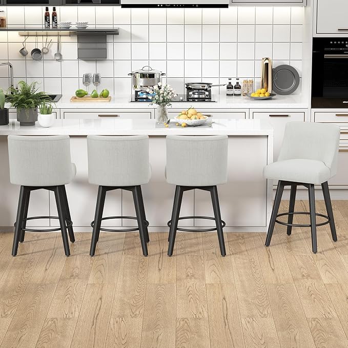 Counter Height Swivel Bar Stools Set of 2, 26 Inch Bar Stools with Footrest, Linen Fabric Upholstered Barstools with Back and Solid Wood Legs for Kitchen Island, Dining Room,Pub,White