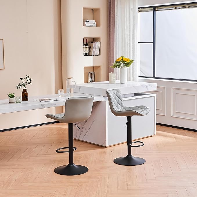 YOUNUOKE Bar Stools Set of 2 Faux Leather Barstools with Back Modern Swivel Counter Height Stools Adjustable Tall Bar Chairs for Kitchen Islands, Lattice Grey