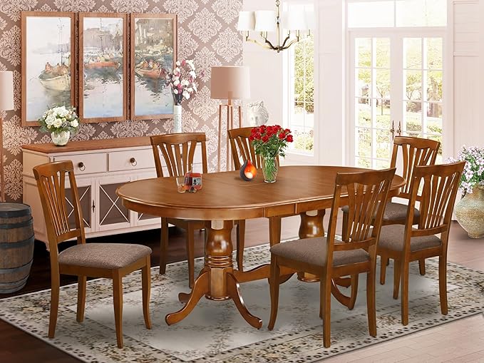 East West Furniture PLAV7-SBR-C 7 Piece Dining Table Set Consist of an Oval Wooden Table with Butterfly Leaf and 6 Linen Fabric Dining Room Chairs, 42x78 Inch, Saddle Brown