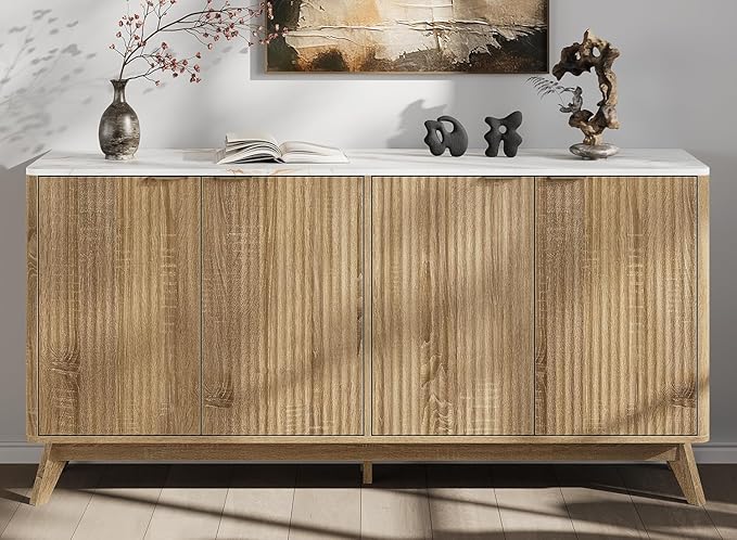 Buffet Cabinet with Storage, Fluted Multifunctional Storage Cabinet with 4 Doors, Sideboard Cabinet with Doors Modern Buffet Table Accent Coffee Bar Console Table,fluted buffet cabinet