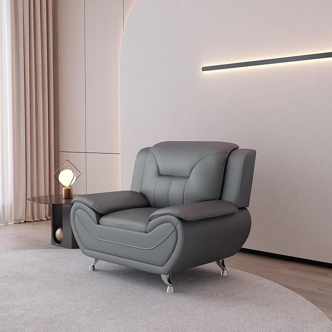 Container Furniture Direct Michael Modern Faux Leather Upholstered Stainless Steel Legs Living Room Sofa, Chair, Sleek Gray