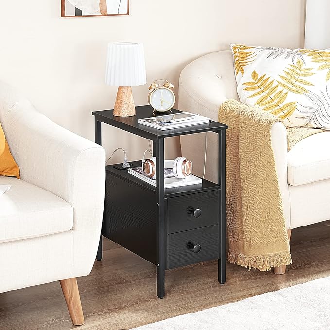 HOOBRO Set of 2 End Tables with Charging Station, Narrow Side Table with Drawers & USB Ports & Power Outlets, Nightstand for Small Spaces, Living Room, Stable and Sturdy, Black BK541BZP201