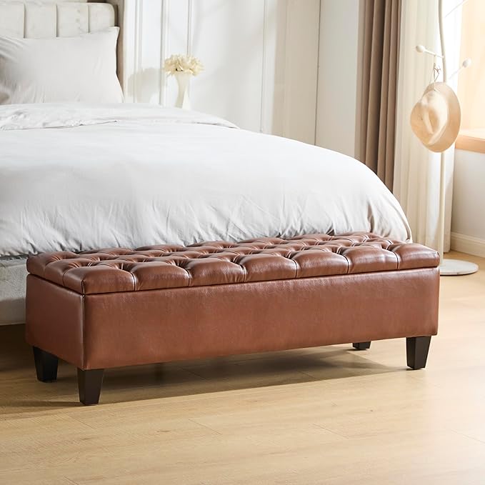 Christopher Knight Home Ottilie Faux Leather Storage Ottoman Bench, Wooden Rectangular Ottoman with Storage, Bedroom End of Bed Foot Stool, Entryway Ottoman Footrest, Living Room Extra Seat, Brown