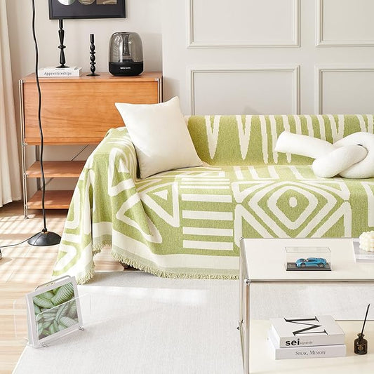 HANDONTIME Green Sofa Covers Chenille Couch Covers Universal Sofa Cover Boho Cover for Sofa 3 Seats Dogs Couch Furniture Protector Couch Cushion Covers Sectional Couch Covers for L Shaped, 91" X150"
